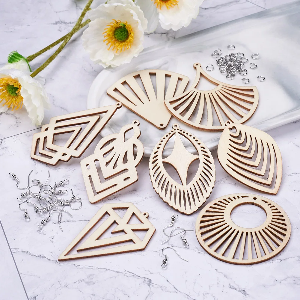 1 Set Unfinished Wooden Earrings Pendants Blank Fan Teardrop Shape Charms with Jump Rings Earring Hooks for Jewelry Making Kits