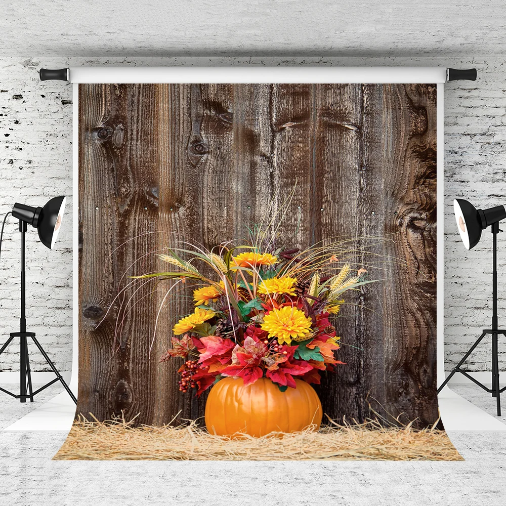 

VinylBDS Thanksgiving Backdrop Photography Wood Pumpkin Flowers Photo Backdrops Cotton Backgrounds For Photo Studio