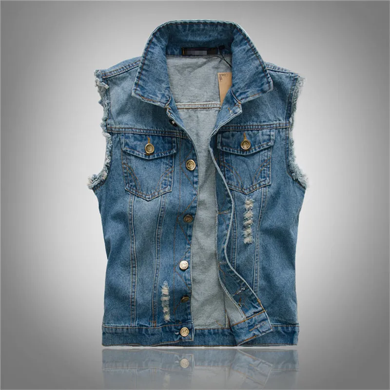 

Spring Ripped Jean Jacket Mens Denim Vest Hip Hop Jean Waistcoat Men Classic Cowboy Sleeveless Jacket Male Summer Tank Plus Size