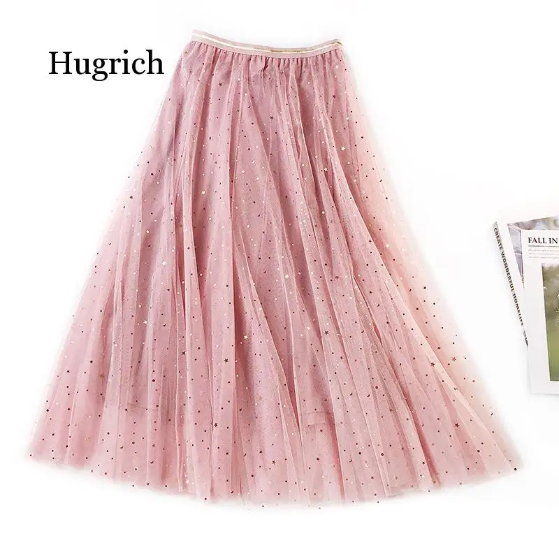 2020 New Summer Tulle Skirts Womens Fashion Shining Star Mesh Tutu Skirt Pleated Long Skirts Midi Skirt Saias Faldas Jupe Femme