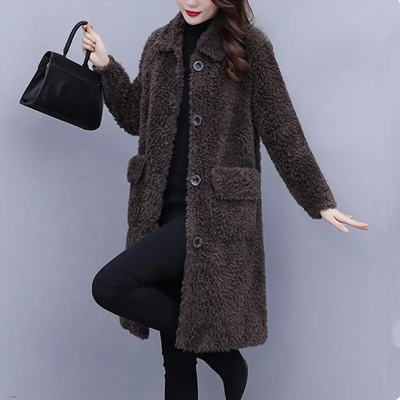 UHYTGF Elegant Mother Winter Fur Jacket Fashion Single-Breasted Loose Big Size Coat Mid-Length Casual Warm Women Outerwear 1994