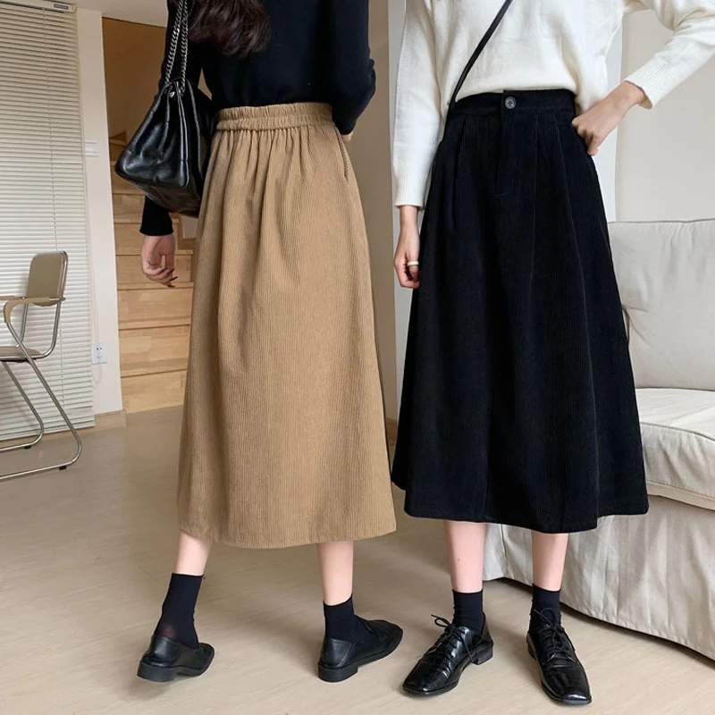 New Vintage Corduroy Pleated Skirt Women Thick Autumn Winter Skirt Korean Fashion High Waist Velvet Mid Long A-Line Skirt Female