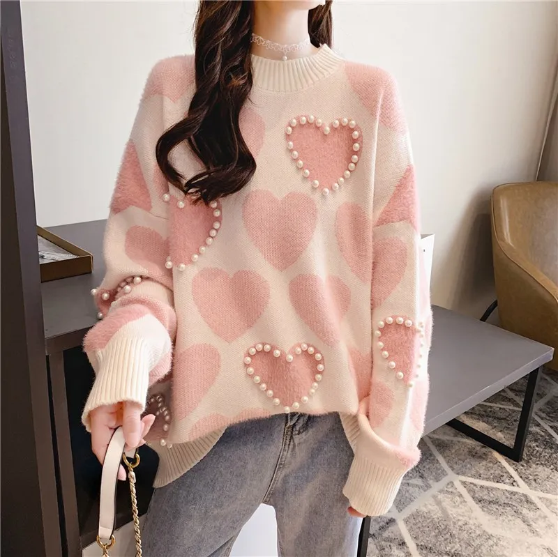 ZAWFL 2021 Autumn Women Pullover Beaded Love Heart Jacquard Knitted Jumper Casual Pull Femme Sweater