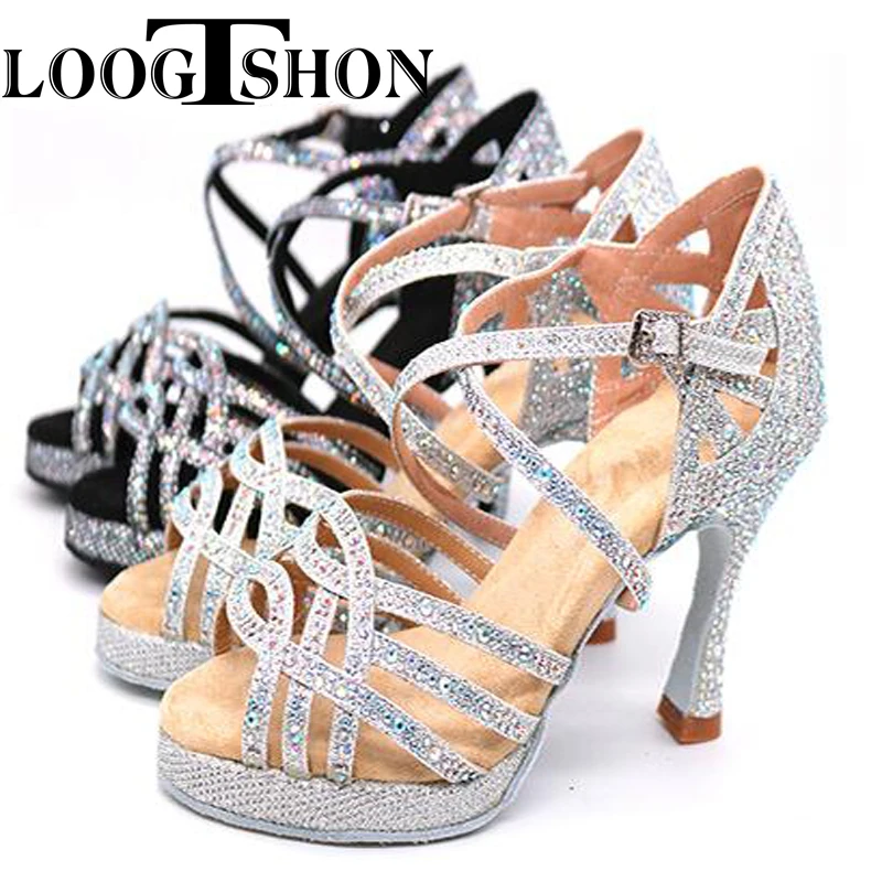 Loogtshon sapatos de casamento para mulher salsa sapatos de dança mulher sandálias com plataforma prata sapatos de dança strass