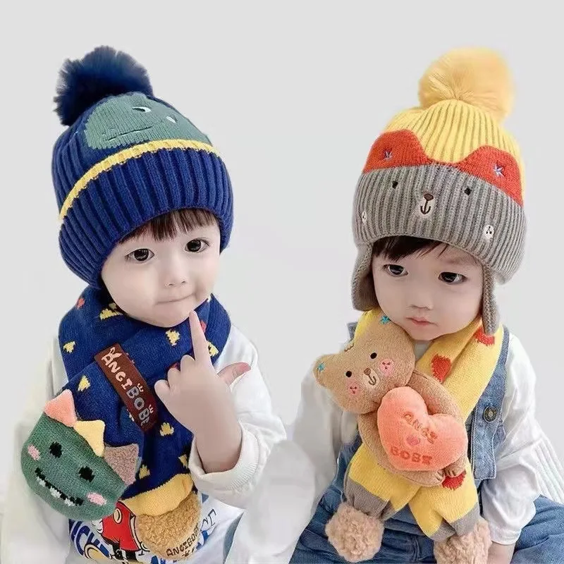 2PCS Set Winter Children\'s Hat + Warm Scarf Knitted,Cartoon Dinosaur Beanies Scarf Set For Children Girls Boys Kids Accessories