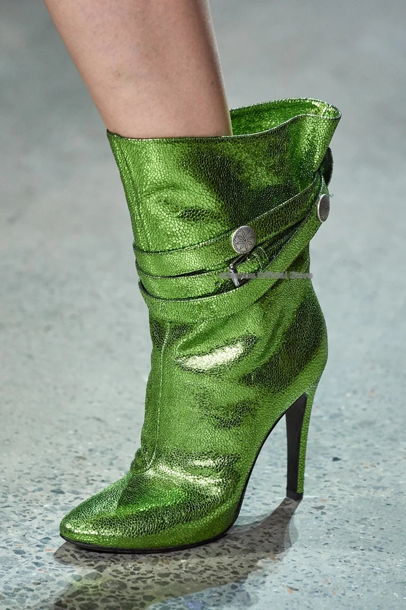 

Fashion Show Leather Rivet Short Boots Women Pointed Toe Buckle Straps Thin High Heel Autumn Slip On Ankle Boots