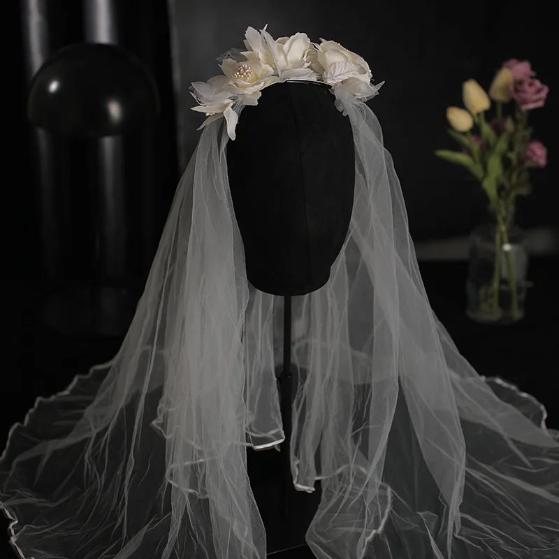 Korean White Flower Barrettes Long Veil Bride hair Jewelry Bride Wedding Hair Accessories