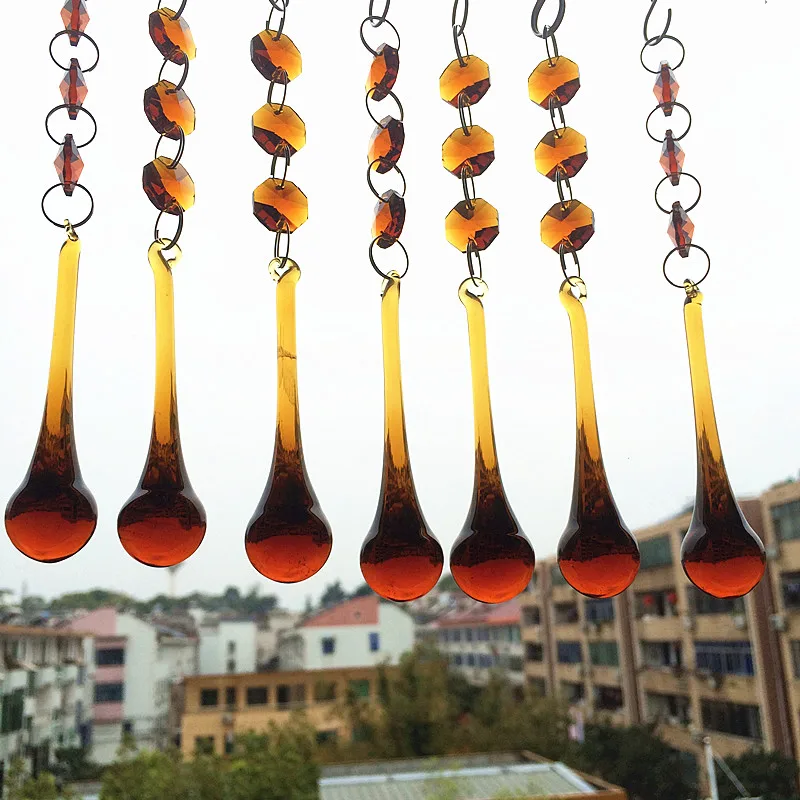 Top Quality 50pcs 150MM Garland Strands Amber Glass Crystal Chandelier Parts Home Decoration (14mm Octagon + 20*80mm Raindrop)