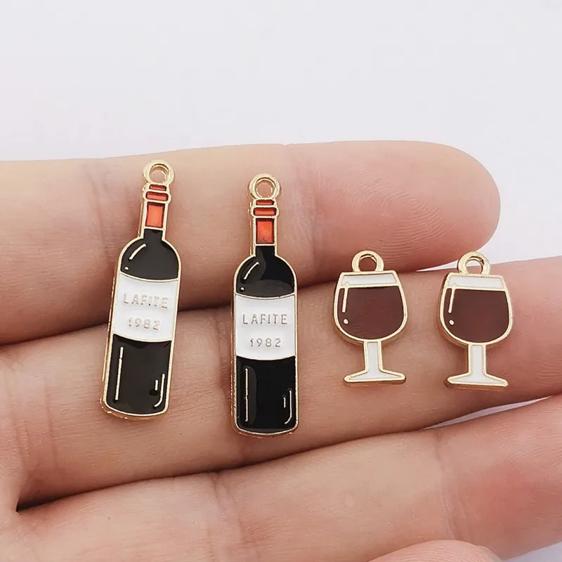 JINDINSP 10pcs Enamel Wine bottle wine glass goblet Charms Metal Pendant Golden Color Earring DIY Fashion Jewelry Accessories