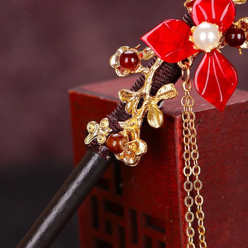 Fashion Red Chinese Style Hanfu Tassel Women Luxurious Wood Hair Fork Chopsticks Hairpin Woman Jewelry Hair Clip Accessories