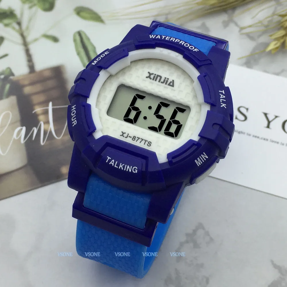 Hiszpański Talking Wrist Watch elektroniczne zegarki sportowe z alarmem, z żółtym paskiem z gumy 8-877TS(BLU-2)