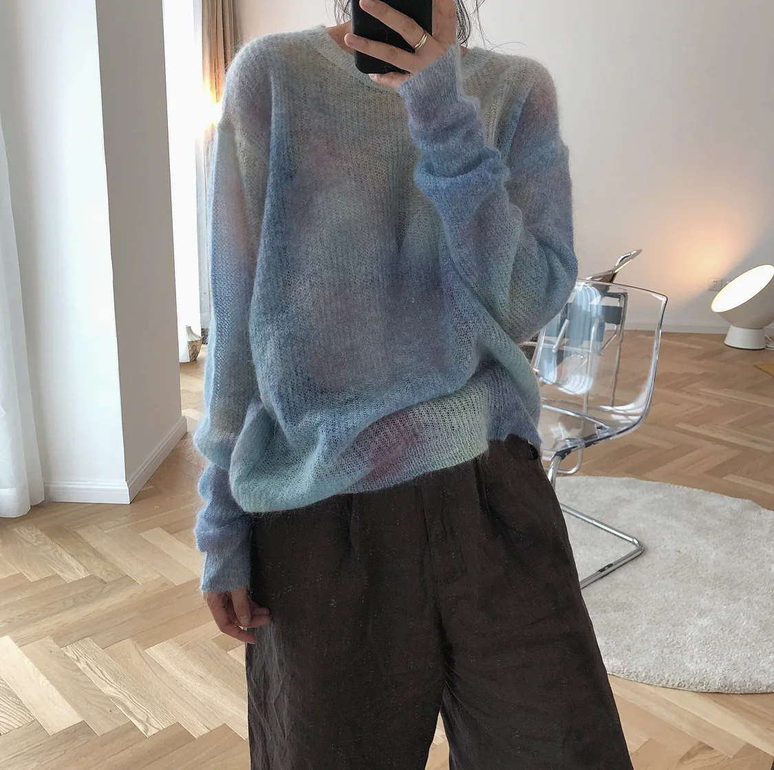 2021 Thin Mohair Sweater Women Loose Casual Pullovers Women Sweater Sweet Elegant Sweater Casual Pull Femme Perspective Tops