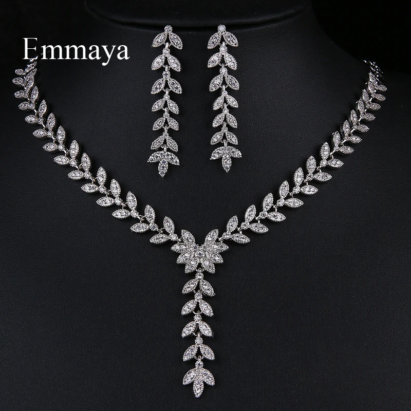 Emmaya New Fashion Natural Style Leaves Shape Drop Earring And Necklace Cubic Zircon Female Charming Jewelry Sets In Banquet