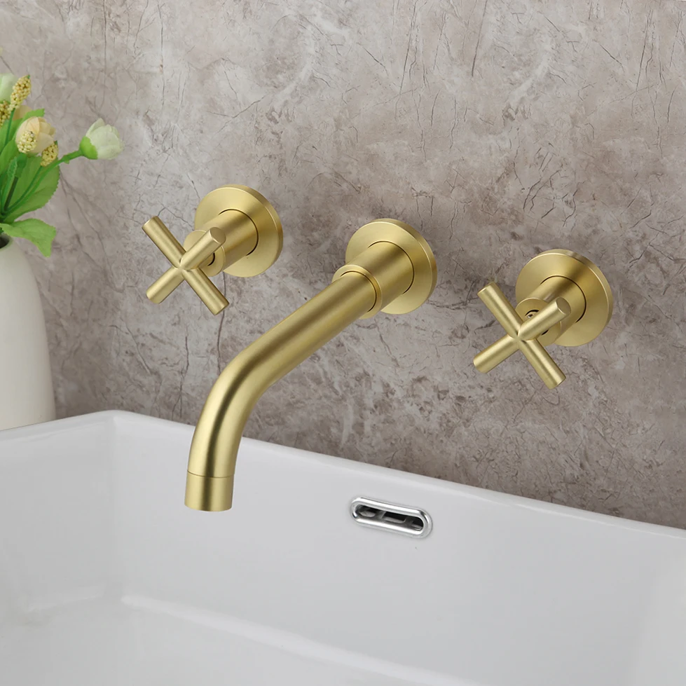 JIENI Luxury Brushed Golden Tap Wall Mounted Bathroom Basin Sink Faucet Solid Brass Hot & Cold Mixer Golden Bathtub Faucet