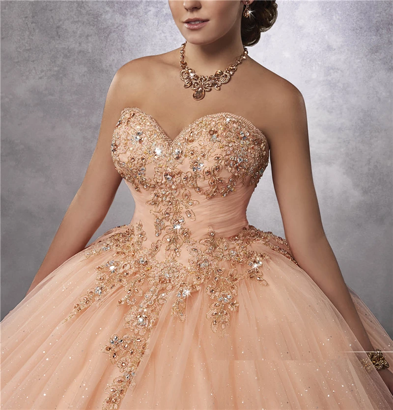 Bealegantom Lace-Up Quinceanera Vestidos com Alças, Espumante Bling Bead, Champagne Apliques, 15 Anos, QD75