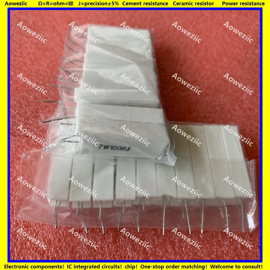 10 шт./лот 7 Вт, 5% rj, 7 Вт, Ом, искусственный кв. м, сопротивление вертикальному цементу 7 Вт, Ом, 7 Вт, 100RJ, 7W100R, точность керамического сопротивления ±, мощность