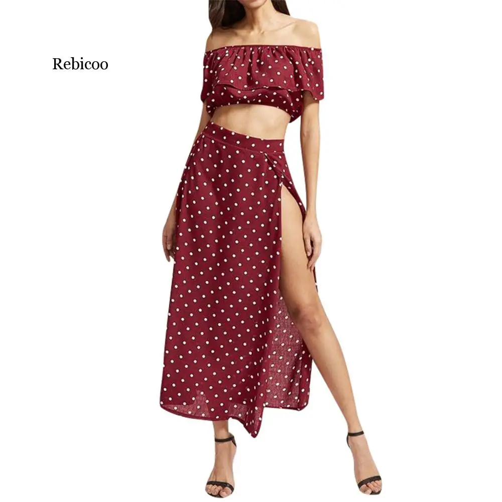 

Women Clothes Set Sexy Chiffon Two Piece Set Off Shoulder Ruffled Top And Long Skirt Ladies Summer Casual Outfits
