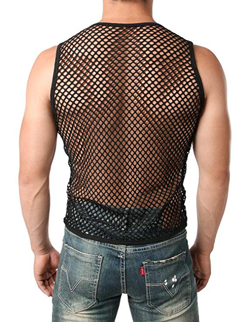 Men\'s Mesh Sheer T-shirt Gym Training Sleeveless Tops Sexy Fish Net Muscle Tee Clubwear M-XXL