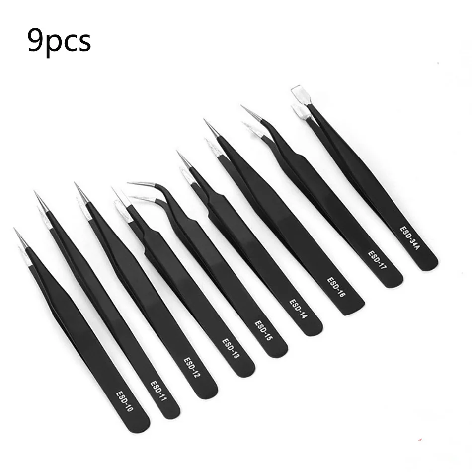 9Pcs Anti-Static ESDสแตนเลสสตีลแหนบชุดเครื่องมือบำรุงรักษาอุตสาหกรรมPrecisionโค้งตรงแหนบซ่อมเครื่องมือ