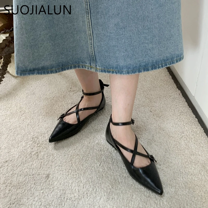 SUOJIALUN 2022 Spring Women Shallow Women Flats Shoes Pointed Toe Soft Leather Flat Ballerinas Ladies Elegant Dress Balltes