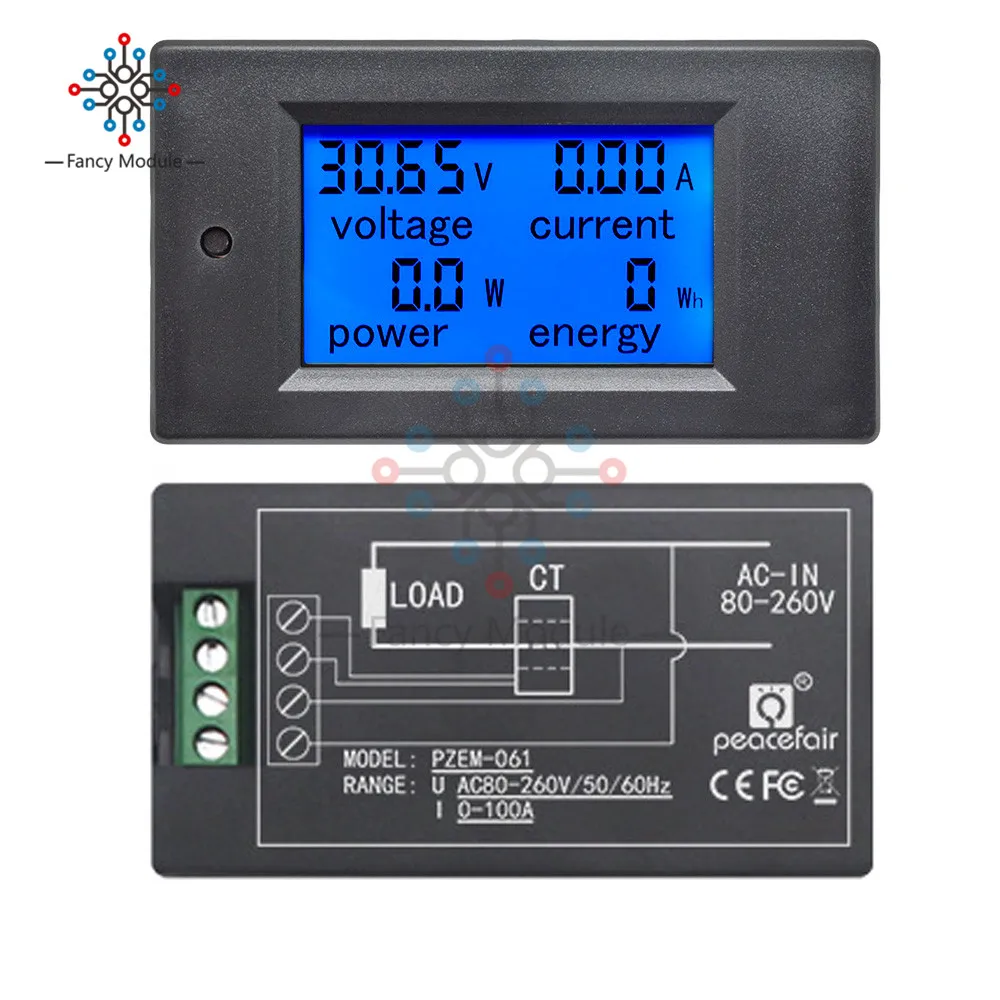 PZEM-061 AC 100A 80-260V Digital Voltage Power Watt Meter Energy Meter Power Energy Voltmeter Volt Watt Meter LCD Panel with CT