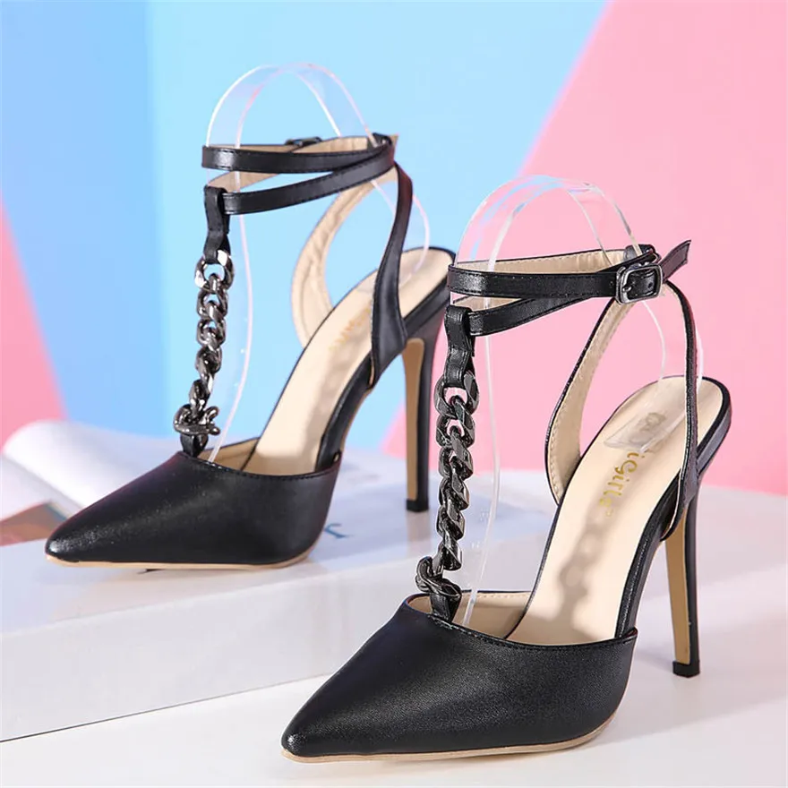 Fashion Chain Hollow Women Sandals High Heels PU Leather Woman Pumps Pointed Toe Buckle Office Ladies Dress Shoes Stiletto 12CM