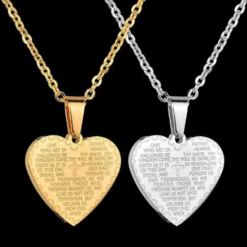 Men Women Fashion Simple Heart Shape Carved Bible Text Pendant Necklace Couple Pendants Christian Accessories