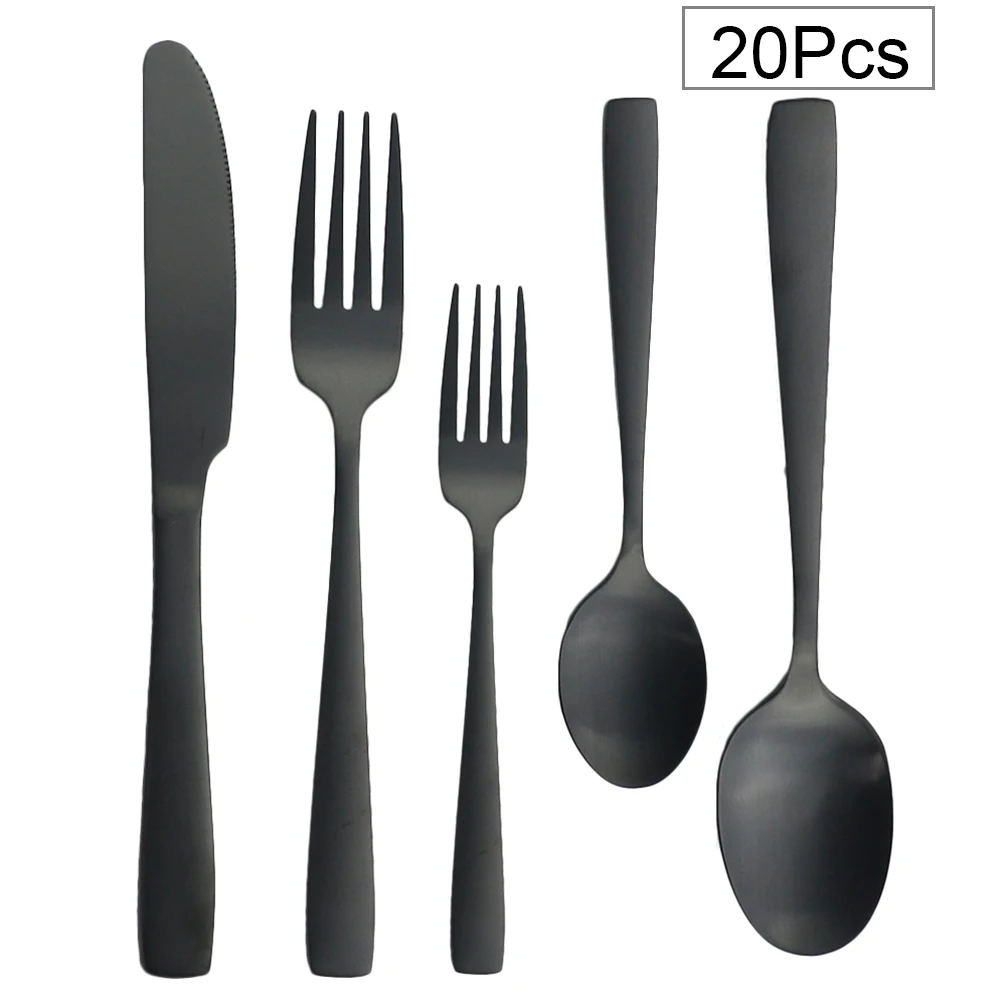 

20Pcs Black Matte Flatware Set Stainless Steel Tableware Set Knife Fork Spoon Cutlery Set Dessert Silverware Kitchen Dinnerware