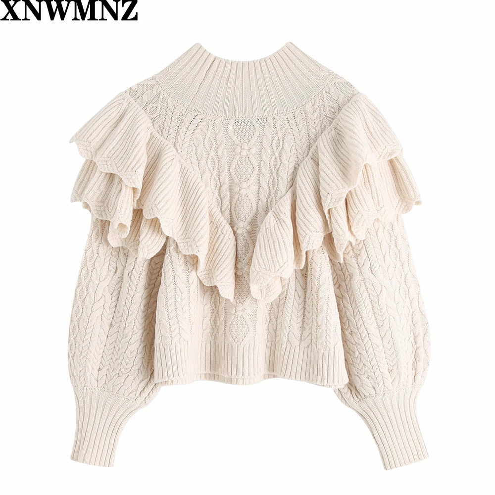 XNWMNZ 2024 Women Fashion Ruffled Cropped Knitted Sweater Vintage High Neck Lantern Sleeve Female Pullovers Chic Tops