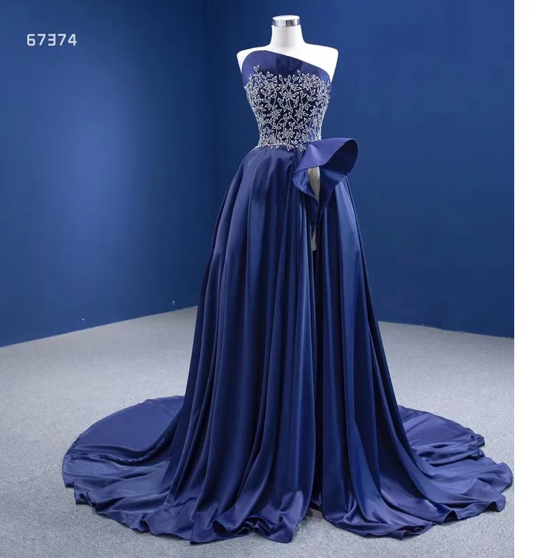 RSM Collection Blue Mermaid Long Prom Dresses Sexy High Slit Strapless Pleat Satin Plus Size Party Evening Dress Robe De Soiree