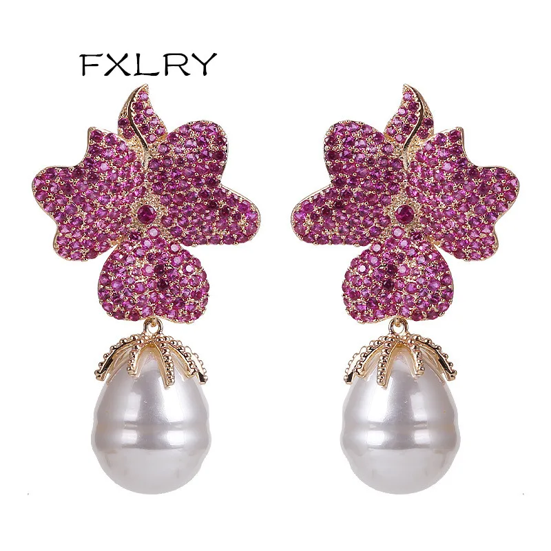 FXLRY Fashion Rose red Big Flower Full stone Setting Irregular Pearl Drop Earrings Women Wedding bride Party Jewelry Gift