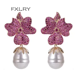 FXLRY Fashion Rose red Big Flower Full stone Setting Irregular Pearl Drop Earrings Women Wedding bride Party Jewelry Gift