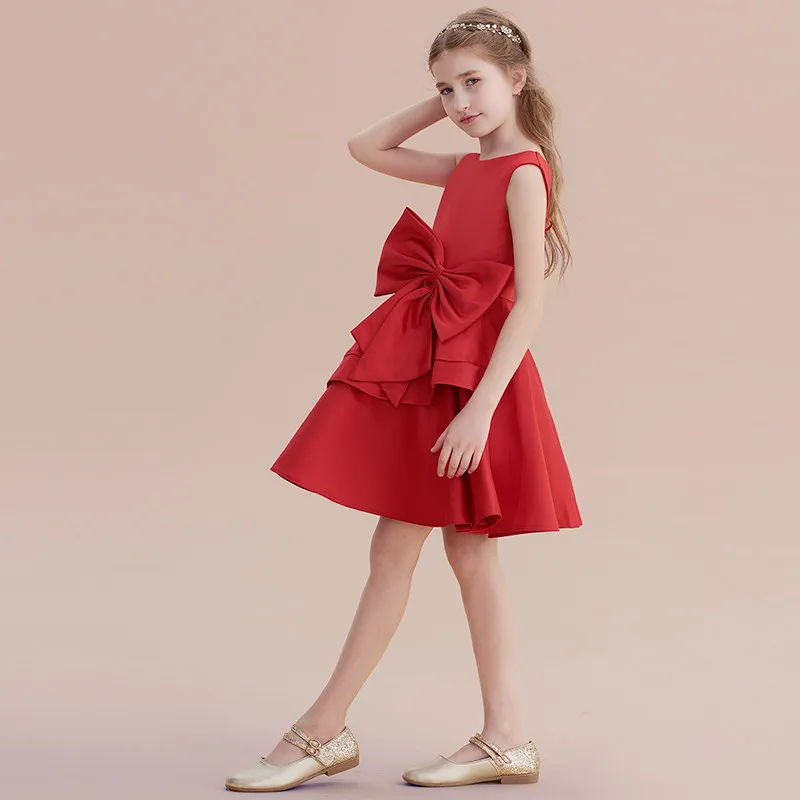 Robe de soirée courte en satin rouge personnalisée pour filles, robe de princesse à fleurs mignonnes, robe de fête d'anniversaire pour enfants junior