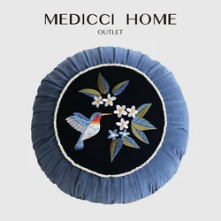Medicci Home Circular Hummingbird Embroidered Pillow Case Retro Blue Velvet Decorative Cushion Covers For Living Room Sofa Couch