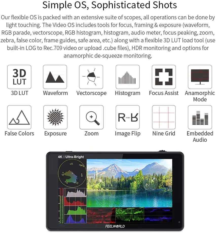 FEELWORLD LUT6S LUT6 6 Inch 2600nits HDR/3D LUT Touch Screen 3G-SDI 4K HDMI DSLR Camera Monitor  With Waveform VectorScope