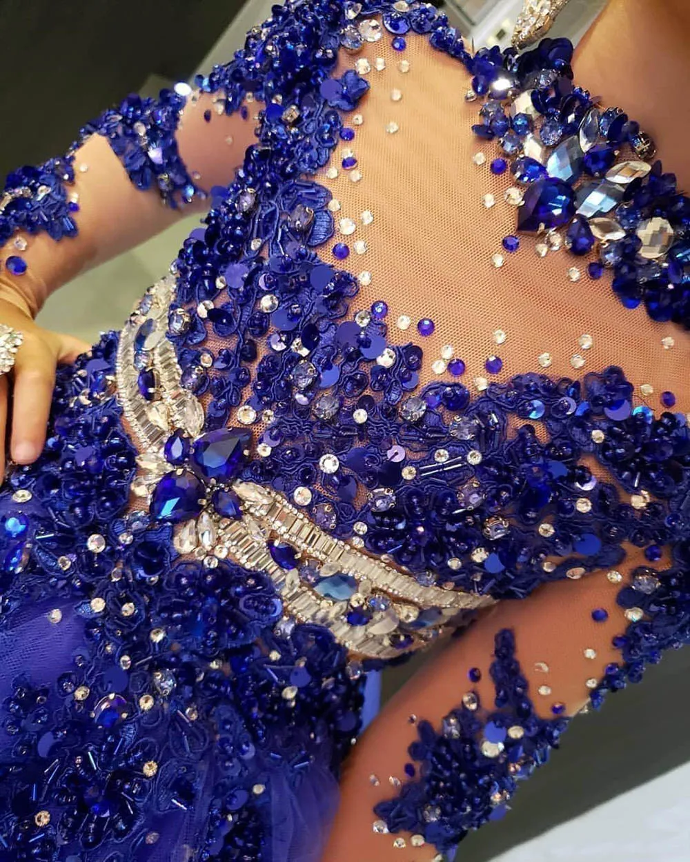 Appliques Royal Blue Ball Gown Girls Pageant Dresses High Neck Long Sleeves Lace Crystal Beads Kids Formal Prom Toddler First