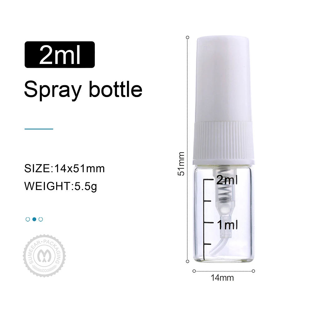 100 Pcs/lot 2ml mini Scale Glass Perfume Spray Bottle Refillable Atomizer White Pump Small Sample Perfume Bottle Vial