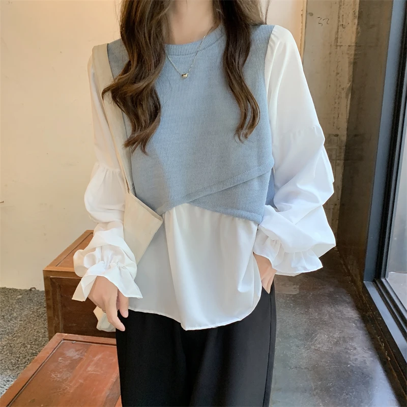 Vintage Korean Fake Two Piece Blouse Women Puff Sleeve Patchwork Blouses Tops Shirt Fashion Blusas Mujer