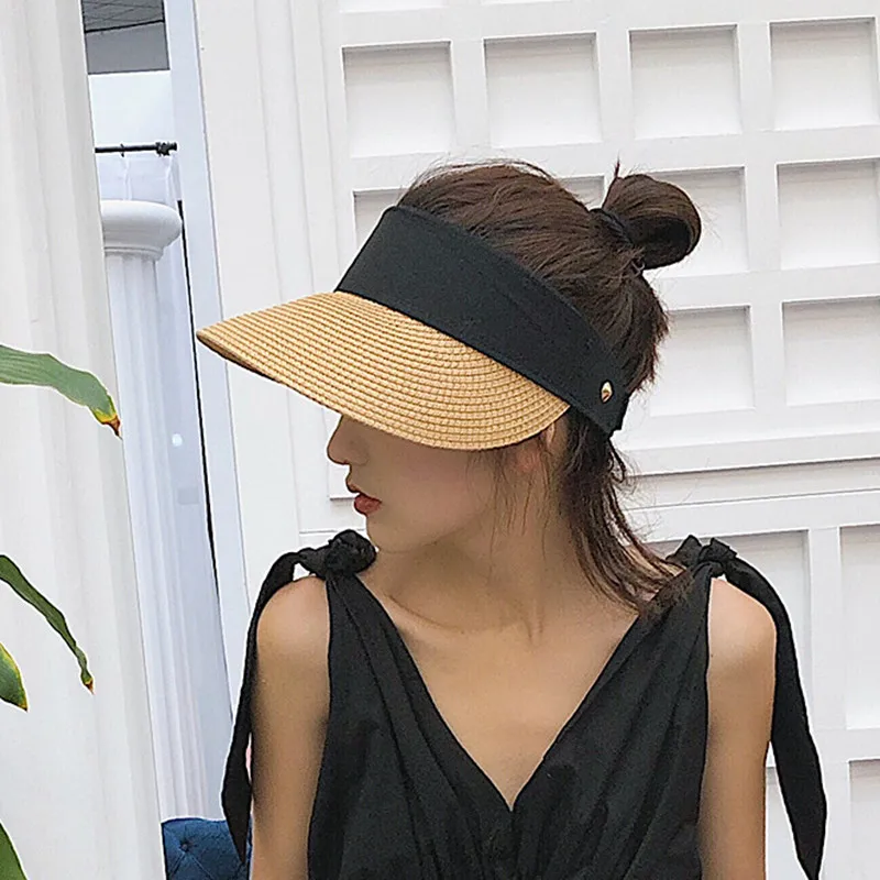 Summer Wear Woven Straw Hats Women Breathable Empty Top Casual Beach Visor Caps Wide Large Brim Hat Adjustable Foldable Sun Caps