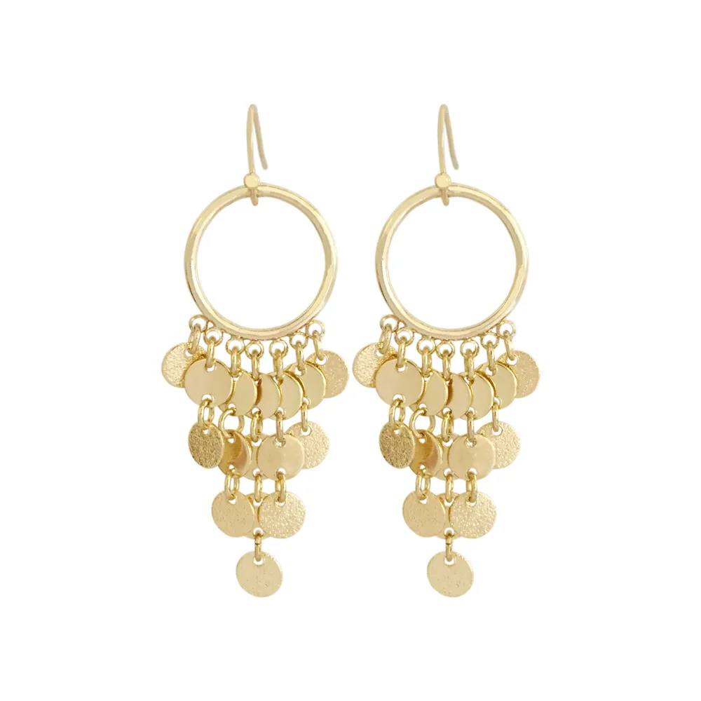 New Trend Shiny BlingBling Gold Color Plating Round Disc Dangle Drop Earrings For Women Girl  Medium Size Party Decoration