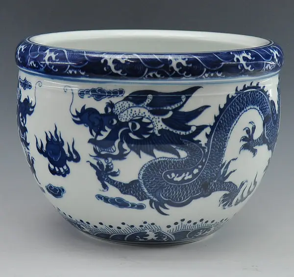 Duży chiński antyk Qing Qianlong Mark niebieski i biały porcelanowy ceramiczny akwarium dla ryb kwiat roślina doniczkowa sadzarka