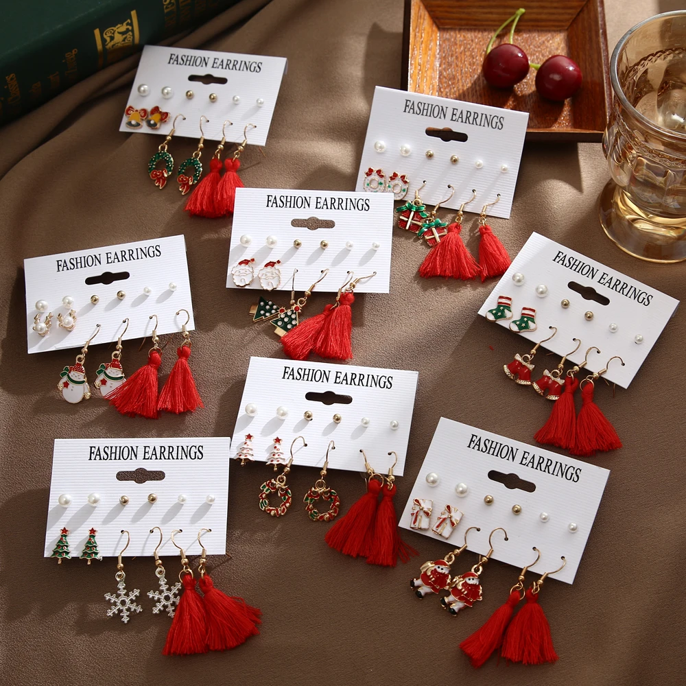 FNIO Fashion Tassel Earrings  2021 Trend For Women Pearl Santa Claus Elk Tree Earring Set Girls Party Christmas Jewelry Gifts