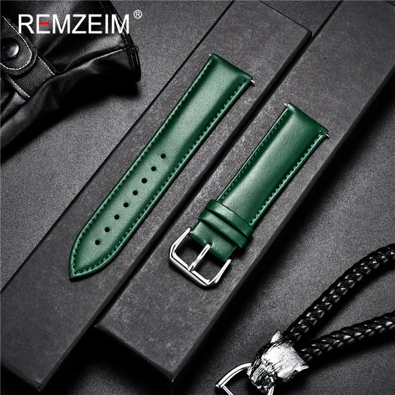 REMZEIM Genuine Leather Watch Strap 14 16 18 20 22mm Green Brown Black Calfskin Leather Watchband Watch Accessories Wristband