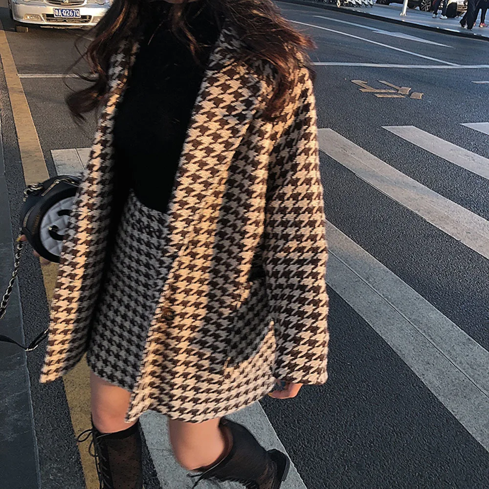 Spring Autumn Two 2 Piece Set Retro Houndstooth Small Fragrance Wind Mid-length Coat High Waist Skirt Women Jackets Elegant Set