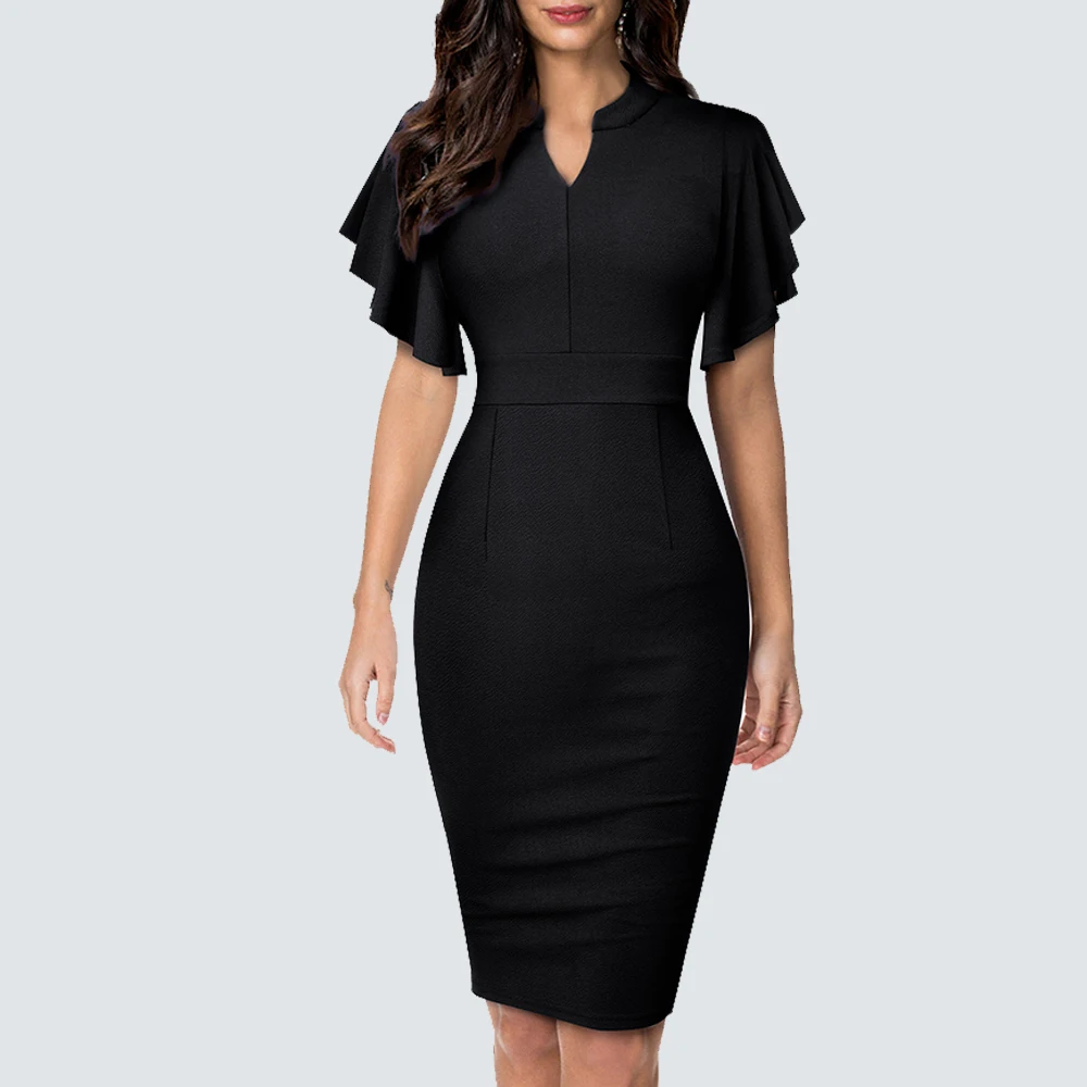 Retro Brief Solid Color Ruffle Sleeve Slim Elegant Wear to work Casual Fashion Pencil Dress HB572