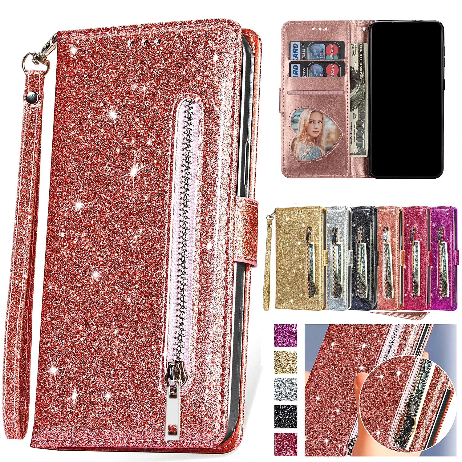 Leather Zipper Flip Case For Samsung Galaxy A7 A6 A8 J4 J6 Plus J8 J3 2018 A5 J3 J5 J7 Pro 2017 Wallet Bling Shinning Phone Bag