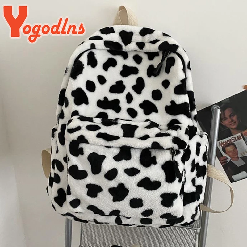 Fashion Plush Backpack For Women Large Capacity Girl School Bag Cute Cow Pattern Rucksack Winter New Travel Knapsack