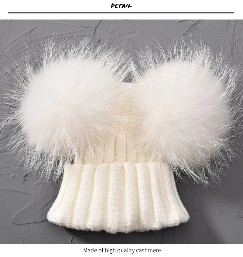 JX Watcher Winter Doppel Echtpelz Pom Pom Hut für Kinder Baby Strick mützen mit zwei Pelz Pompons Jungen Mädchen hochwertige Mütze Mütze – Detail 27