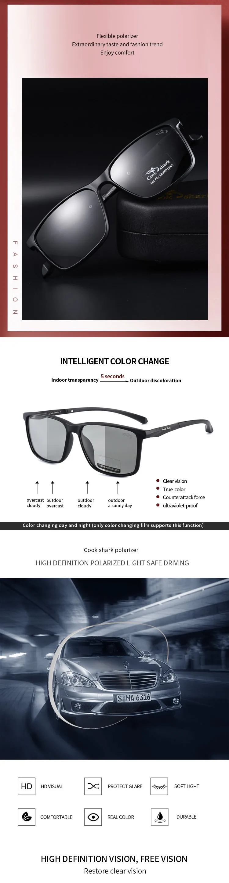 Kochen Shark Polarisierte Sonnenbrille männer Fahren Fahrer Gläser Männer der Trend UV Schutz Sonnenbrille – Detail 2