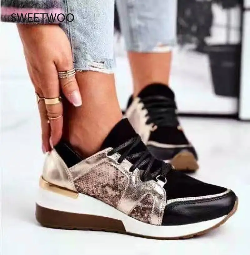 Women Wedge Sneakers Lace Up Patchwork Platform Casual Vulcanized Sports Shoes
